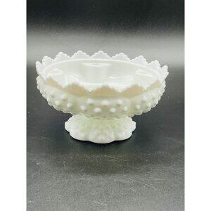 VTG FENTON White Milk Glass Hobnail Footed Candle Bowl Candle Holder Centerpiece